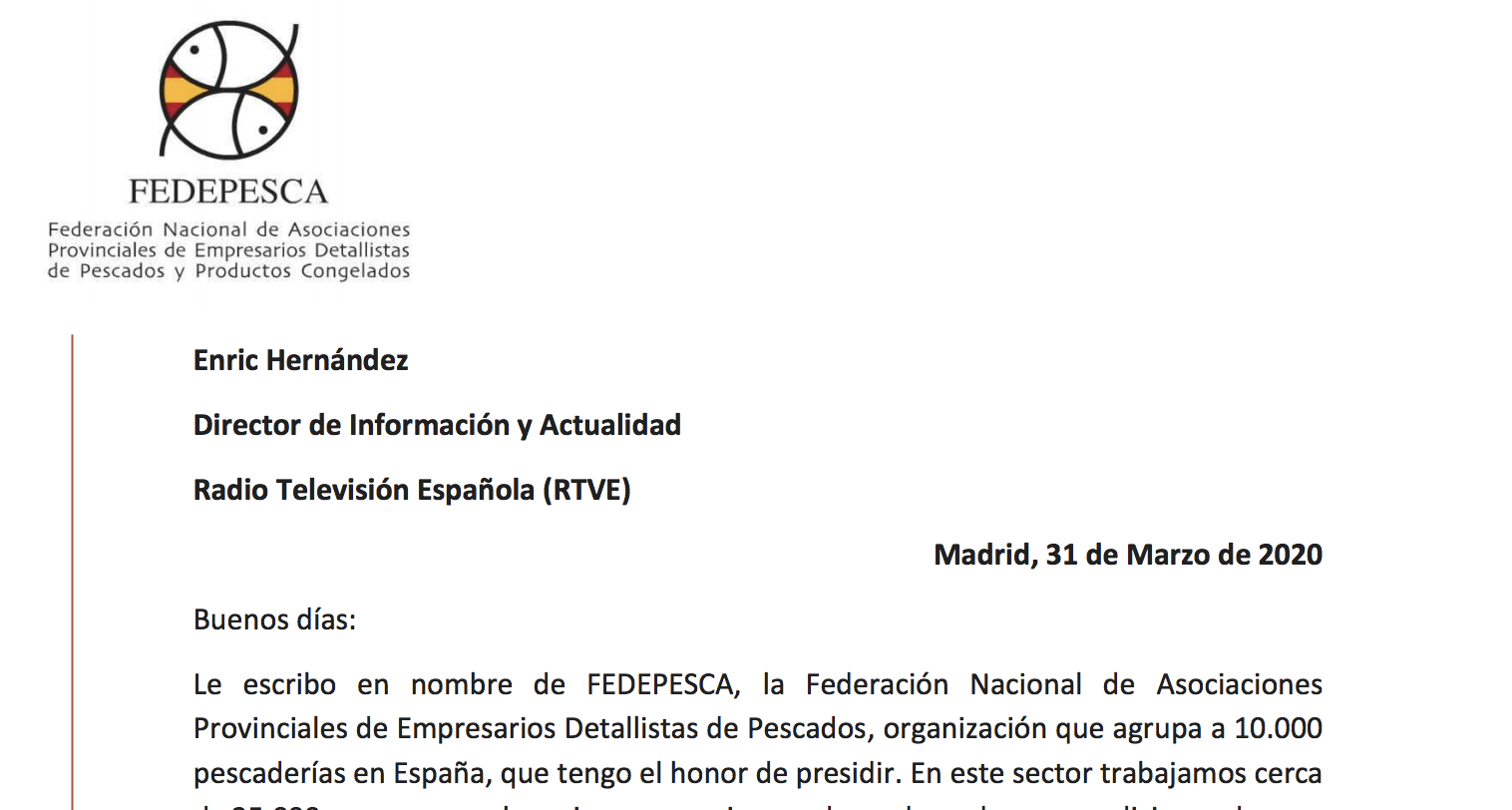 Fedepesca reclama a través d’una carta a rtve i a diversos ministres una major presència del comerç tradicional d’alimentació en els mitjans durant la crisi del covid-19